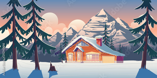 Wooden cottage house, chalet in winter mountains. Christmas vacation background. Ski resort hotel in pine forest, comfortable country house decorated bulb garland in wild cartoon vector illustration