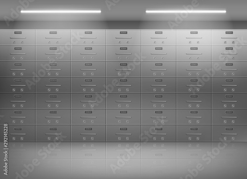 Safe deposit boxes inside bank vault. Metallic lockers, individually secured containers wall for personal valuable possessions storing in secured, protected strongroom 3d realistic vector illustration