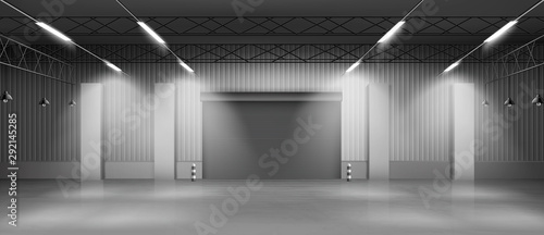 Empty industrial warehouse interior with concrete flooring, illuminating lamps on ceiling, rolling shatter gates. Delivery service storehouse, rental storage facility 3d realistic vector illustration