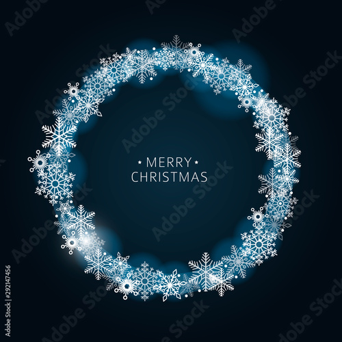 Dark vector blue background winter frame with shiny snowflakes