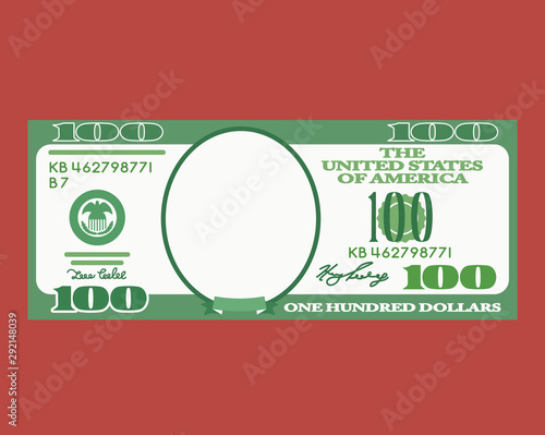100 dollar bill with an empty space for any portrait in a cartoon style. Unreal money.