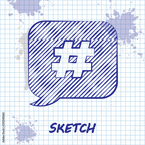 Sketch line Hashtag speech bubble icon isolated on white background. Concept of number sign, social media marketing, micro blogging. Vector Illustration