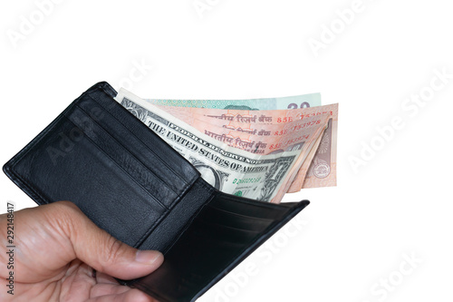 Cash money in your wallet in man's hands isolated on white background.