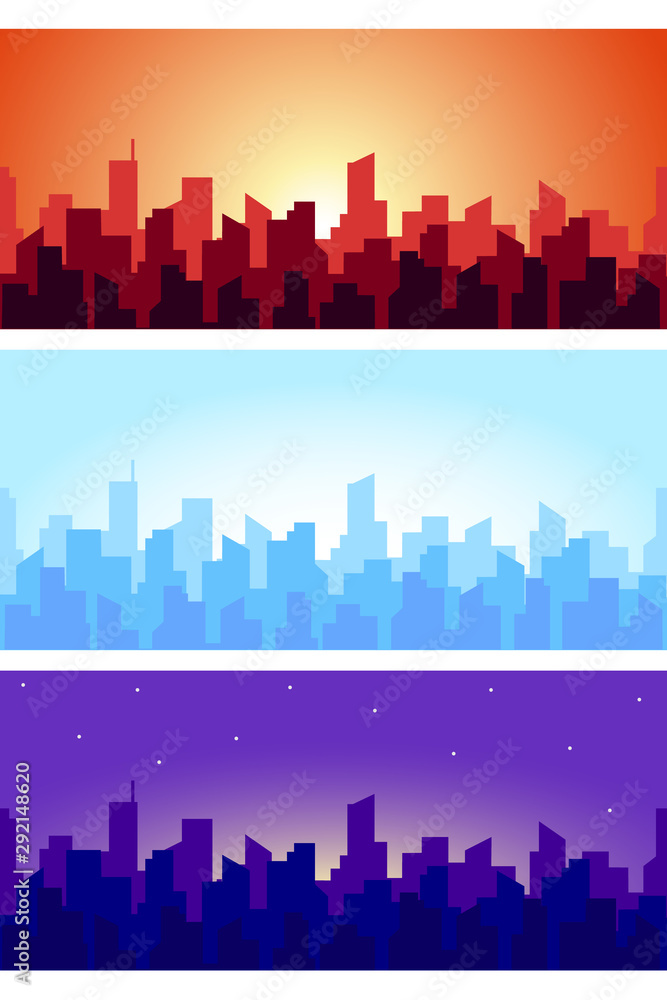 Wide horizontal cityscape at different times. Seamless panorama of skyscrapers roof silhouettes in the morning, afternoon and evening. Vector illustration