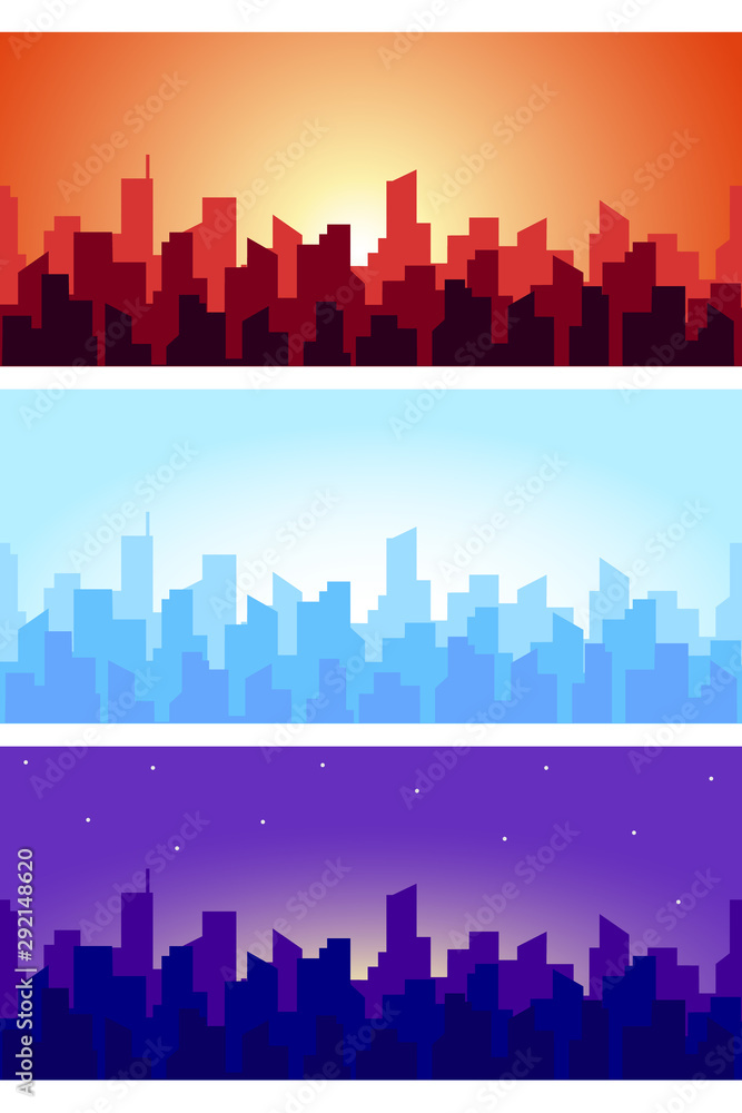 Wide horizontal cityscape at different times. Seamless panorama of skyscrapers roof silhouettes in the morning, afternoon and evening. Vector illustration Wide horizontal cityscape at different times. Seamless panorama of skyscrapers roof silhouettes in the morning, afternoon and evening. Vector illustration