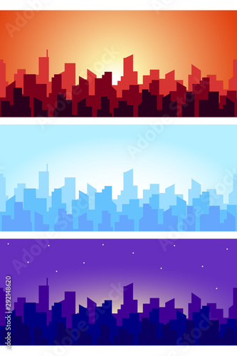 Wide horizontal cityscape at different times. Seamless panorama of skyscrapers roof silhouettes in the morning, afternoon and evening. Vector illustration