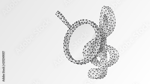 Magnifying glass on Treble clef. Music note analysis, melody key search, classic g-clef analytics concept. Abstract, digital, wireframe, low poly mesh, vector white origami 3d illustration. Line, dot