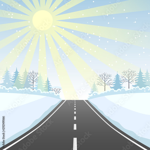 highway with a winter landscape. View from the road car.