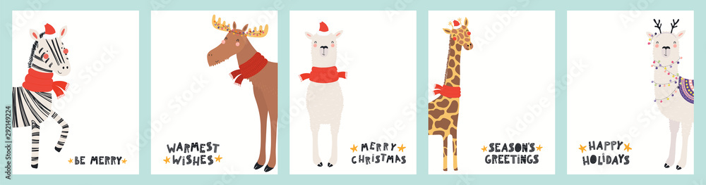 Collection of Christmas cards with cute zebra, giraffe, llama, moose in Santa hats, reindeer antlers, with text. Hand drawn vector illustration. Scandinavian style flat design. Concept for kids print. - obrazy, fototapety, plakaty 