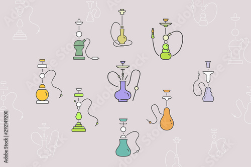Hookah icons set - Vector color symbols and outline of shisha and smoke for the site or interface