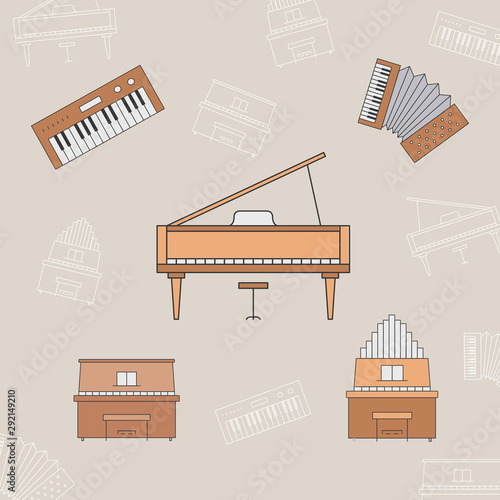 Music instruments Icons set - Vector color symbols and outline of piano, accordion, bayan and synthesizer for the site or interface