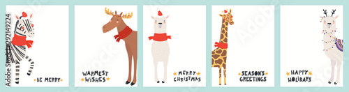 Collection of Christmas cards with cute zebra, giraffe, llama, moose in Santa hats, reindeer antlers, with text. Hand drawn vector illustration. Scandinavian style flat design. Concept for kids print.