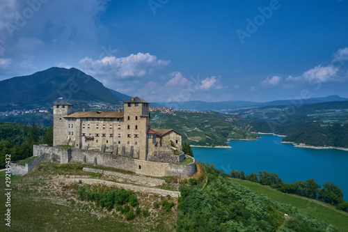 Aerial view Lake Santa Giustina, Castel Cles, bridge over the lake. North of Italy.