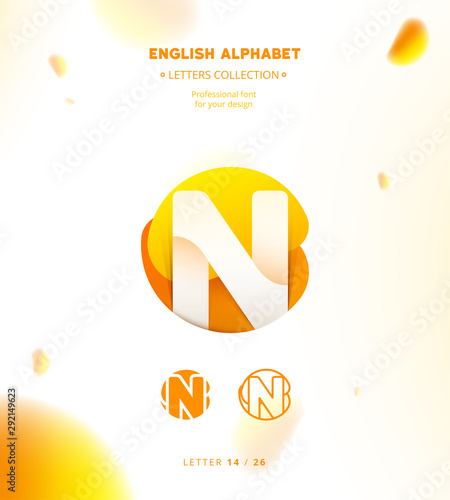 Vector paper cut origami alphabet. Bubble letter N logo template. Material design, flat, line, glossy, twisted style