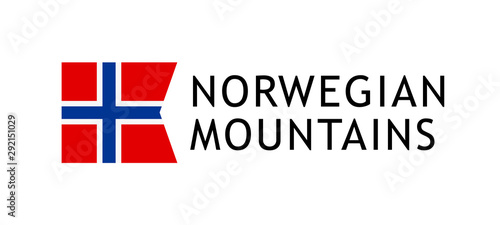 Logotype template for tours to Norwegian Mountains, Vector lovable intelligible illustration with national flag of Norway isolated on white background. Design for the skiing, hiking, climbing.