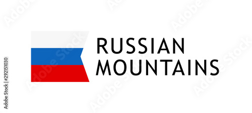 Logotype template for tours to Russian Caucasian Mountains, Vector lovable intelligible illustration with national flag of Russia isolated on white. Design for the skiing, hiking, climbing.