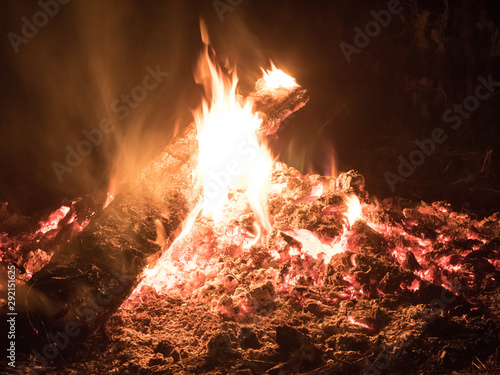 bonfire and hot coals close up