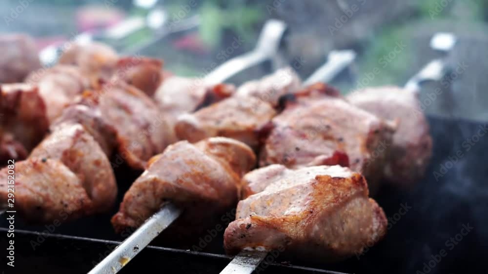 grilled meat on the coals close-up barbecue grill kebab. Cooking pork meat outdoors grilled meat on the coals close-up barbecue grill kebab. Cooking pork meat outdoors