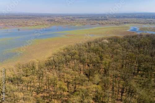 Aerial footage of flooded floodplain in Lonjsko polje in early spring  Croatia