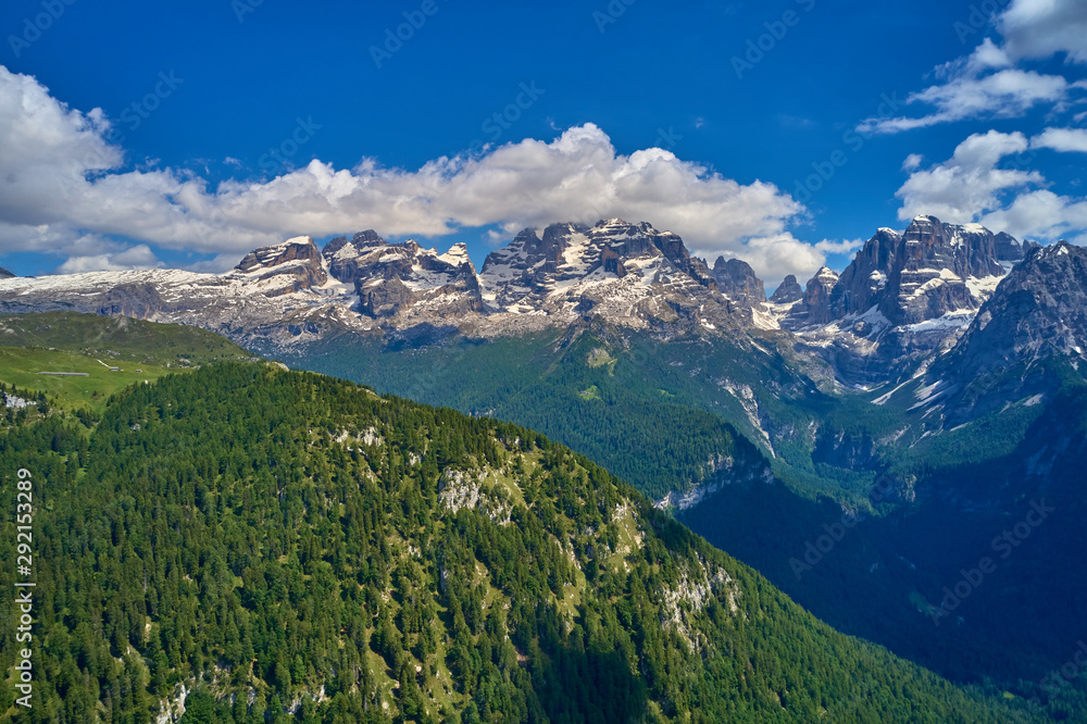 Naklejka premium Aerial photography with drone. Great view of the Madonna di Campiglio Italy ski resort summer time.