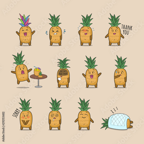 Set of cute pineapple character showing various emotions and actions. Vector funny stickers for online communication, social media, mobile message, chat