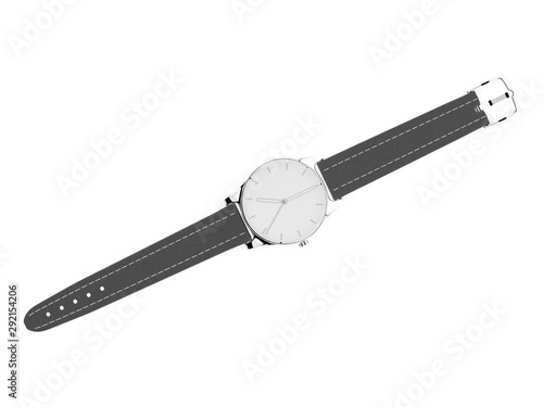 Wrist watch with unbuckled bracelet. White dial with metal case and gray leather band photo