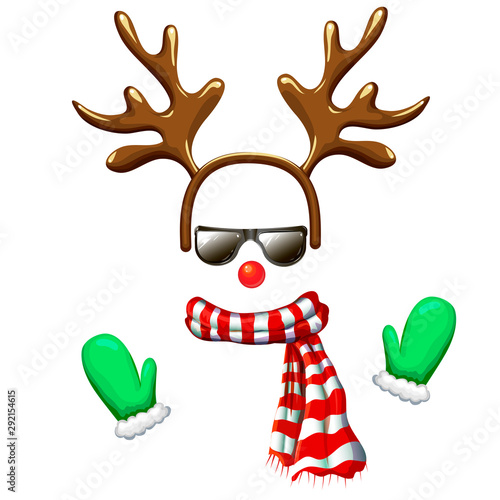 hipster reindeer face mask in sunglasses with antlers headband, red nose, striped scarf and mittens. Christmas costume clipart isolated on white. cool and funny xmas character vector illustration
