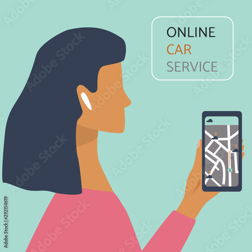 Woman with smartphone ordering a taxi by online car service. Car sharing concept for banner, web, mobile application, poster. Flat colorful vector illustration