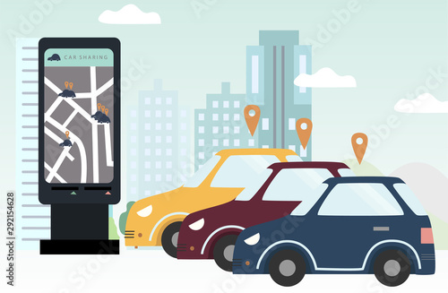 Three  cars for rent on parking area. Smartphone with map and geo tags. City landscape. Carsharing concept for banner, background, web, mobile application, poster. Flat colorful vector illustration