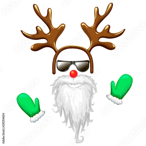 hipster santa face mask in sunglasses with antlers headband red nose long beard and mittens. Christmas costume clipart isolated on white. cool and funny xmas character vector illustration. photo booth