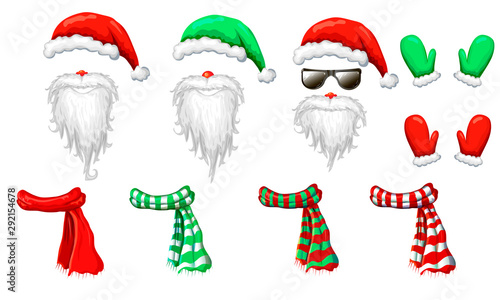 vector Santas hats, beards and mustaches mask collection isolated on white. xmas holiday funny costume of Santa Claus in sunglasses for decorations. Christmas photo booth and props for creative design