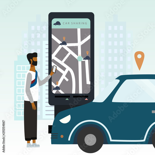 Man with smartphone take a car by online city car sharing service. Mobile transportation concept for banner, background, web, mobile application, poster. City landscape. Flat  vector illustration.