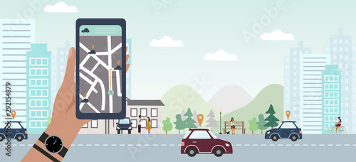 Carsharing concept template for banner, background, web, mobile app, poster. Hand with smartphone shows on mobile app geo tags of cars for rent, City landscape, people and cars on the road. Vector.