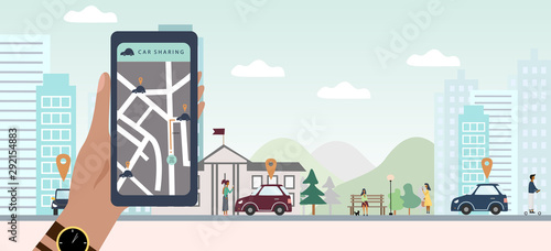 Carsharing concept template for banner, background, web, mobile application, poster. Hand with smartphone shows on mobile app geo tags of cars for rent, City landscape. colorful vector illustration. 