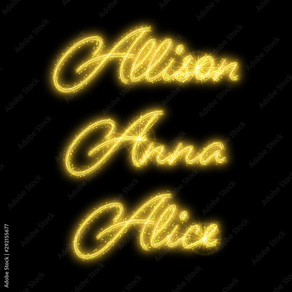 Female names made of sparkler. Design element for birthday card, bridal shower or wedding invitation Female names made of sparkler. Design element for birthday card, bridal shower or wedding invitation
