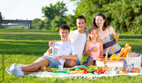 Happy young parents with two teenagers having a picnic on the countryside