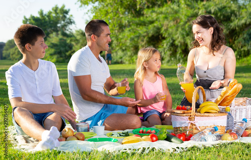 Parents with two teenagers enjoying delicious meal on the picnic