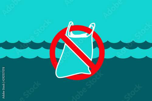 Stop plastic waste symbol. Rubbish Trash bag floating in the ocean. Discarded plastic carrier bag drifting in sea water. Environment protection concept. Disposable packaging waste poisons Marine life