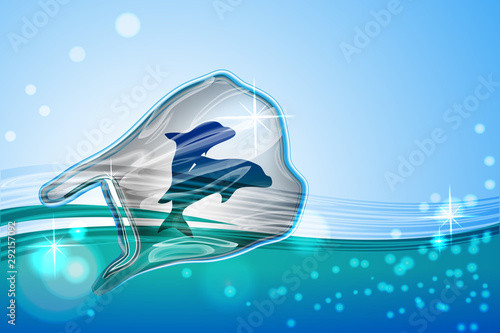 Rubbish Trash bag floating in the world ocean. Dolphin dead in plastic underwater. Discarded plastic carrier bag drifting in blue sea water. Disposable packaging waste poisons fish and seafood