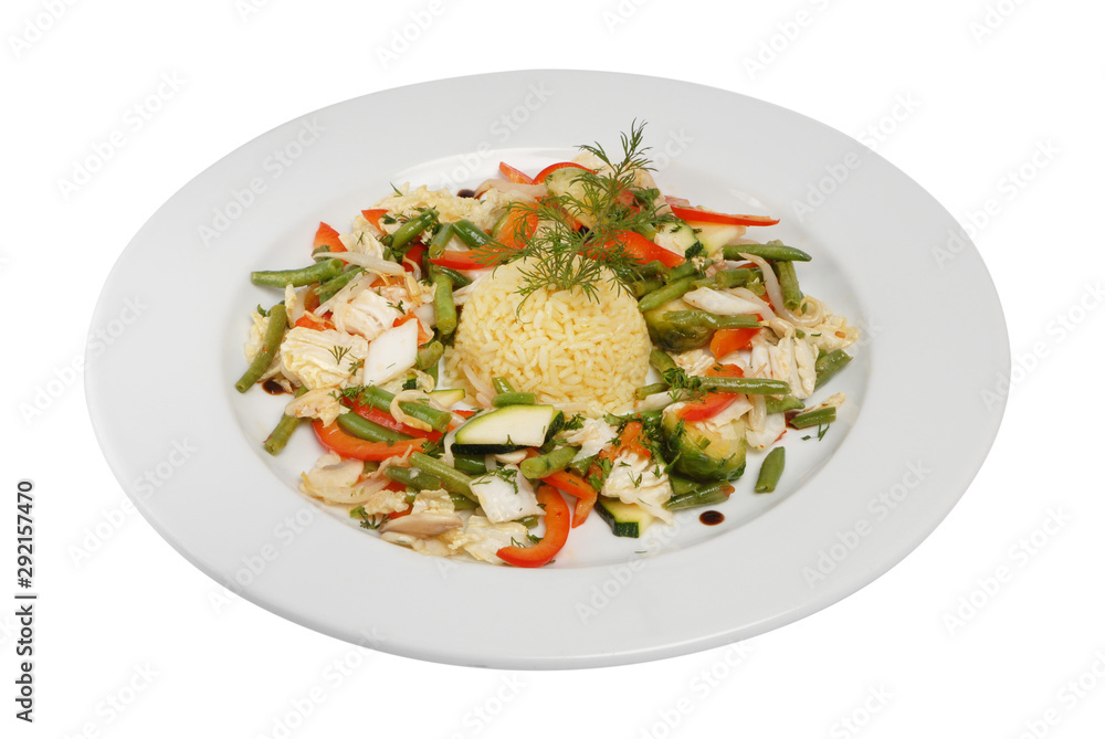 Fried ricewith fried asparagus and sweet pepper on a white isolated background Fried ricewith fried asparagus and sweet pepper on a white isolated background