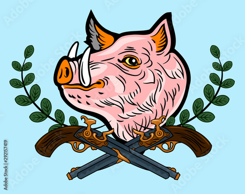Cute, good-natured pink wild boar old-school style tattoo