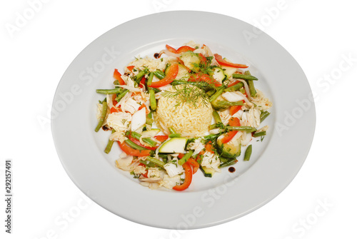 Fried ricewith fried asparagus and sweet pepper on a white isolated background