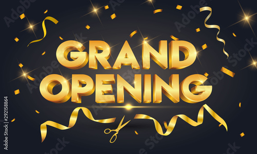 Grand opening golden text with gold scissors cutting gold ribbon on black sparkling background