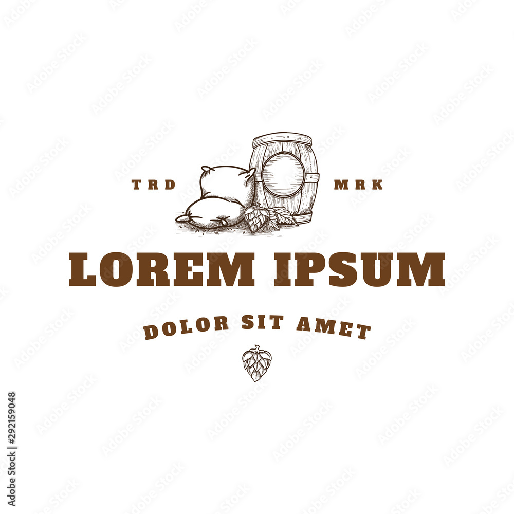 Hop, seed sack and beer barrel hand drawn logo beer concept Hop, seed sack and beer barrel hand drawn logo beer concept