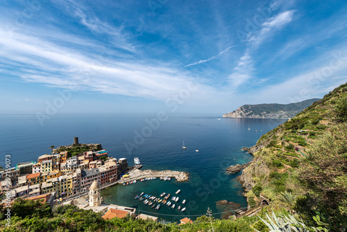 Aerial view of the ancient and famous village of Vernazza. Cinque Terre, National park in Liguria, La Spezia province, Italy, Europe. UNESCO world heritage site