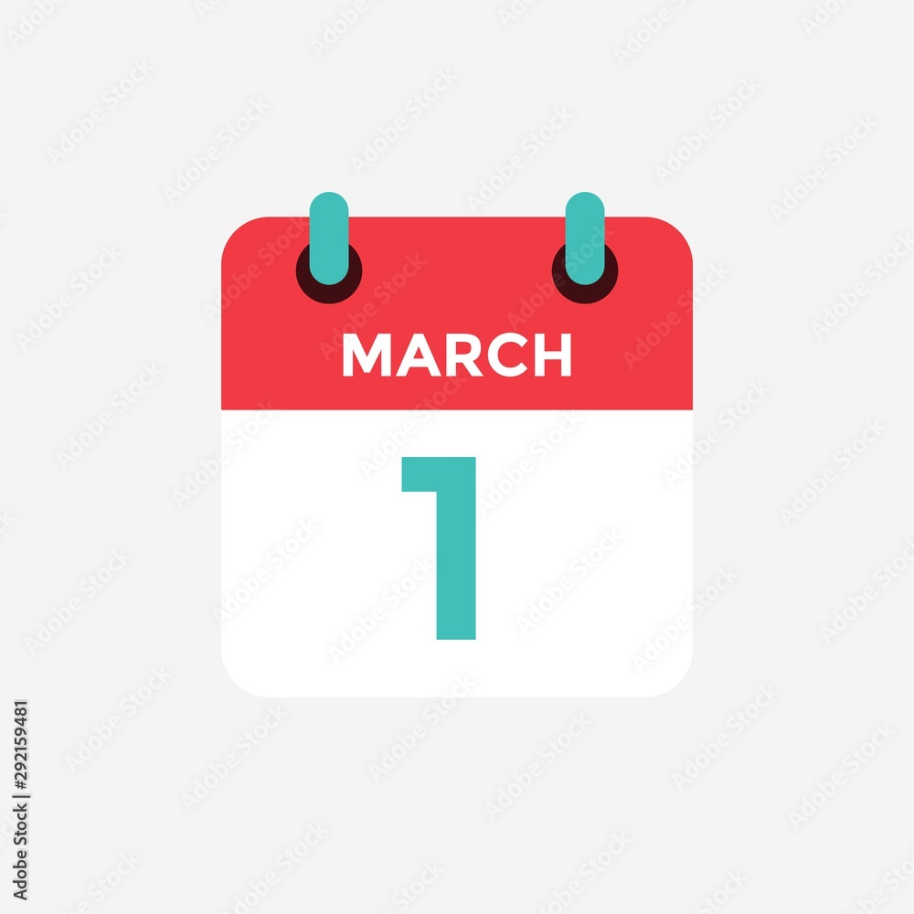 Flat icon calendar 1 of March. Date, day and month. Vector illustration. - obrazy, fototapety, plakaty 