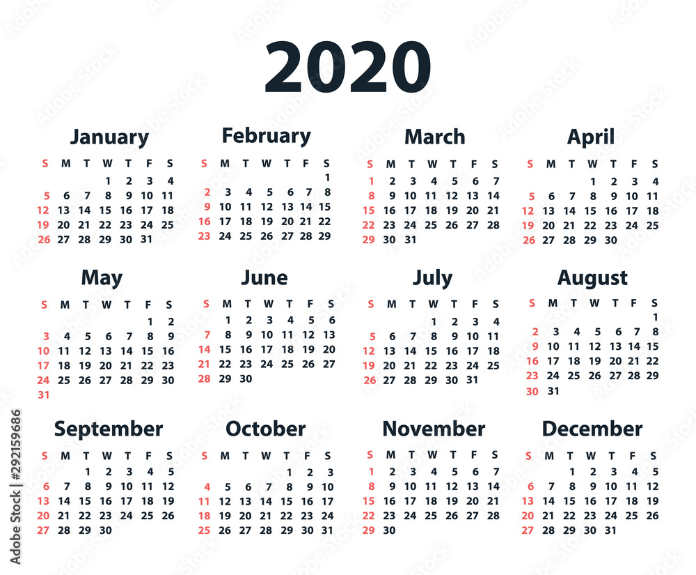 Calendar 2020 starting from Sunday. Vector