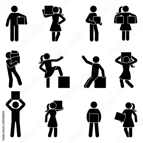 Stick figure carrying box vector icon pictogram. Man and woman holding, moving, standing with heavy weight silhouette