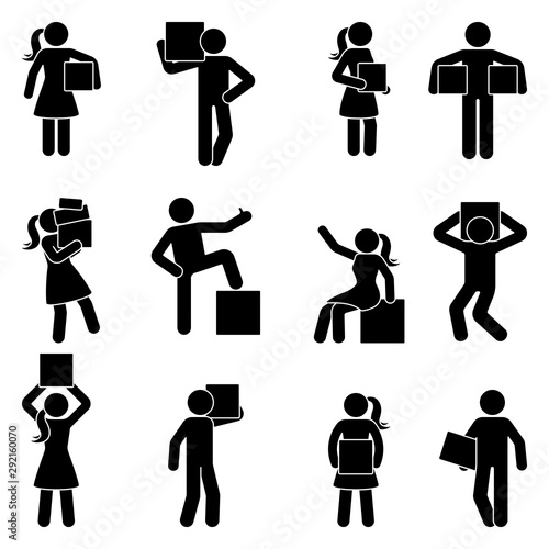 Stick figure man and woman carrying box vector icon pictogram. Guy and lady holding, moving, standing with heavy weight silhouette