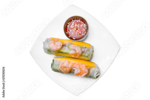 Fresh Spring Roll with shrimps top view on white background isolated, Vietnamese Food